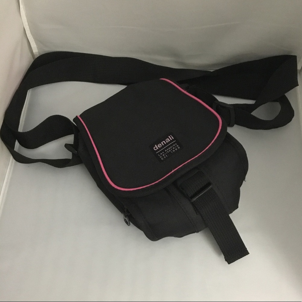 Denali black and pink camera with adjustable strap cross body bag